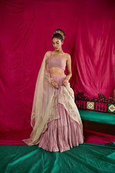 Lilac tiered lehnga with mukaish bustier and mint organza dupatta - Sohni